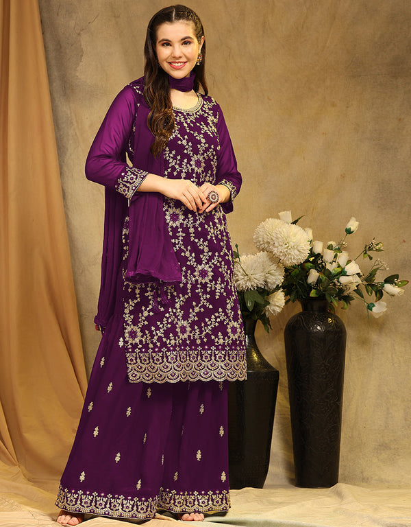 Designer Party Wear Blooming Georgette Salwar Suit Collection Purple Blooming Georgette Sharara Suit Front View